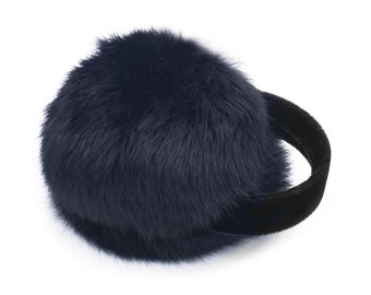 Real Rabbit Fur Earmuff with Velvet Band  - Soft Hair Rabbit - Cute Winter Fuzzy Headband - Ear Warmers - Colorful Fashion Accessory - Navy