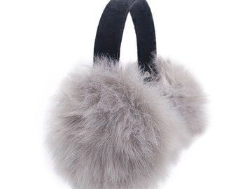 Faux Fox Fur Fox Earmuffs w/ Velvet Band - Women's Fall/Winter Fashion - Soft & Trendy Classic Ear Warmers - Chic Luxury Vegan Style - Gray