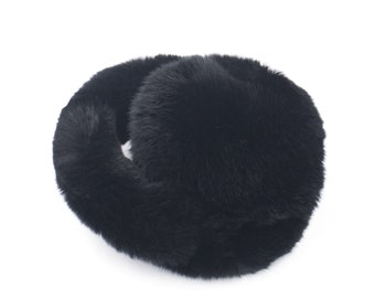 Real Rex Rabbit Fur Earmuffs with Fur Band - Women's Fall/Winter Fashion - Soft & Trendy Ear Warmers - Chic Style - Black