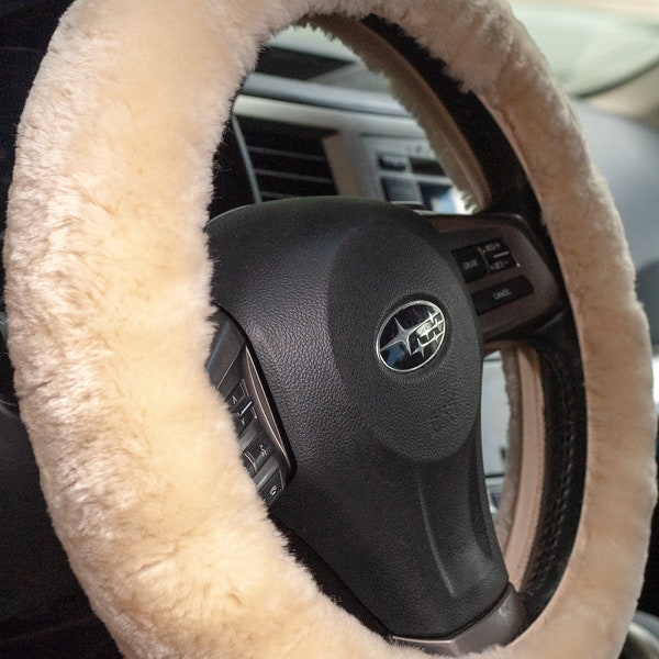 Genuine Shearling Steering Wheel Cover - Fluffy Real Fur Car Accessory - Hot Cold Hand Protection - Plush Cover- Beige