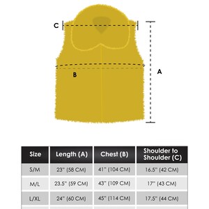 May include: A vest size chart with measurements in inches and centimeters. The chart includes length, chest, and shoulder-to-shoulder dimensions for sizes S/M, M/L, L/XL, and XL/XXL. The vest is golden-yellow and has a textured appearance.