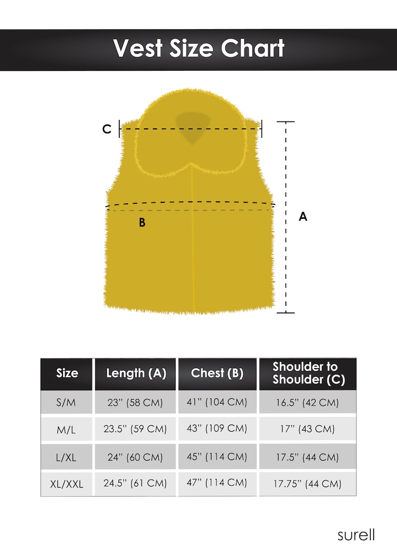 May include: A vest size chart with measurements in inches and centimeters. The chart includes length, chest, and shoulder-to-shoulder dimensions for sizes S/M, M/L, L/XL, and XL/XXL. The vest is golden-yellow and has a textured appearance.