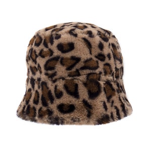 Faux Fur Fuzzy Bucket Hat - Trendy Y2K Accessory - Leopard Print Cheetah Print - Brown Spot