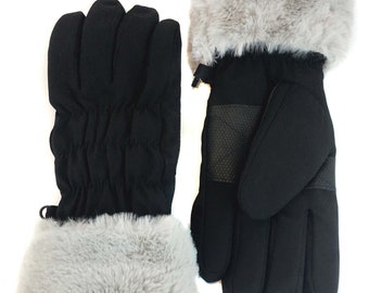 Nylon Glove with Faux Fur Trim - Winter Mittens - Luxury Cold Weather Clothing - Warm Winter Gloves - Waterproof Snow Gloves - Grey