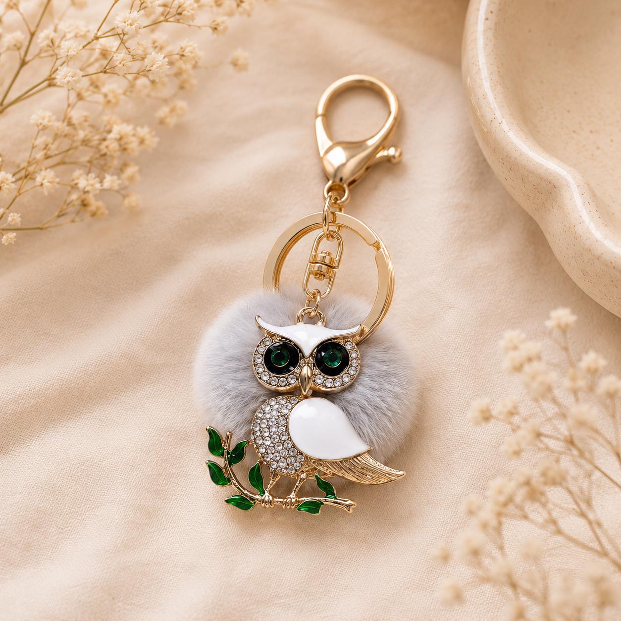 Sparkly Bling Gray Owl Keychain with Mink Fur Pom - Big Fluffy Pompom Keychain - Owl Charm for Purse
