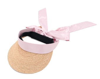 Raffia Straw Visor with Ribbon - Stylish Sun Hat - Pretty Summer Sun Protection - Beige/Pink