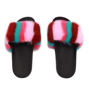 Women&#39;s Faux Rex Fur Slides - Colorful Faux Fur Slipper - Everyday House Slippers - Comfort Shoes - Fashion Stylish Neon - Fuchsia Multi