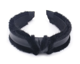 Faux Leather Hairband with Faux Fur Trim - Trendy Pleather Headband with Knot - Fluffy Fake Fur Hairband - Black