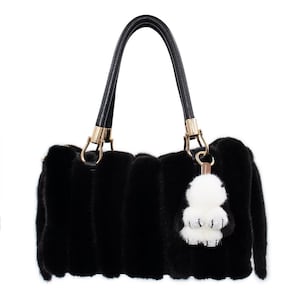 White Mink Bunny Rabbit Furry Keychain - Fluffy Bunny with Sparkly Bling Paws - Cute Animal Keychain for Women and Kids - Black/White