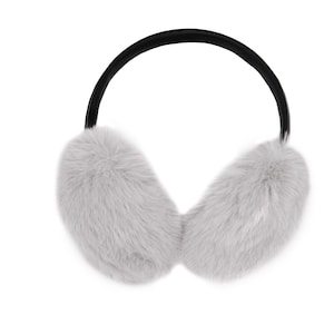May include: Gray faux fur earmuffs with a black headband. The earmuffs are soft and fluffy.