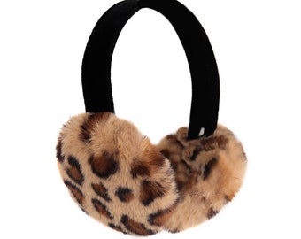 Faux Rex Rabbit Fur Earmuffs w/ Velvet Band - Women's Fall/Winter Fashion - Soft & Trendy Colorful Ear Warmers - Vegan Style - Leopard Print