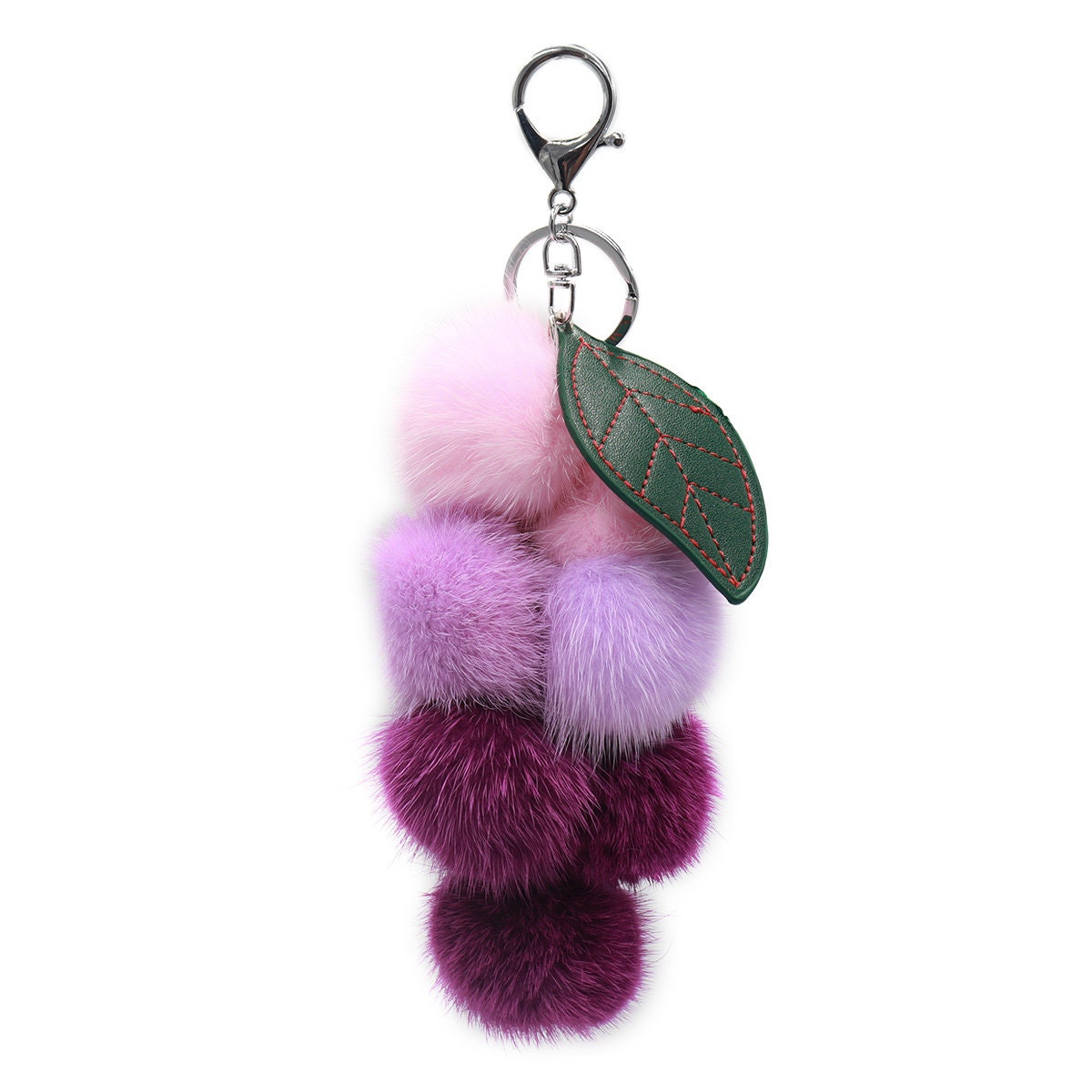 Fox Fur Pom Pom keychain, black and purple strings Pom Pom Keychain Made With Genuine Fox Fur. Really Soft  main image 2
