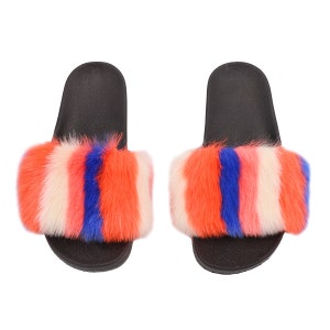 Women&#39;s Faux Rex Fur Slides - Colorful Faux Fur Slipper - Everyday House Slippers - Comfort Shoes - Fashion Stylish Neon - Orange Blue Multi