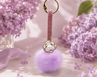 Mink Fur Pom Pom with Bling Flower Strap - Cute Summer Accessory - Luxury Fashion Charms - Genuine Fur - Rhinestone - Pearl - Lilac Purple