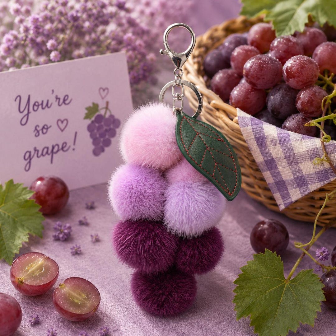 Mink Fur Pom Pom Grapes W/ Leaf Keychain - Colorful Fluffy Fur
