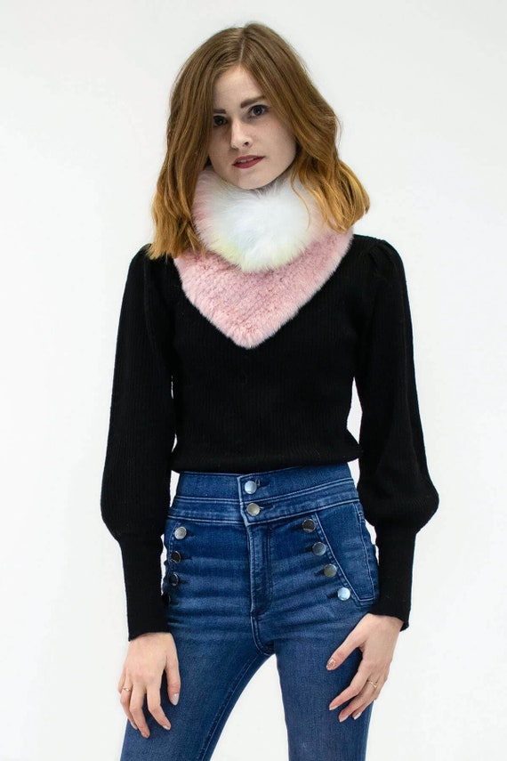Real Mink Fur Collar with Fox Fur Trim - Winter Fashion Neck Warmer - Infinity Scarf - Luxury Scarf - Soft Knitted Mink - Pink