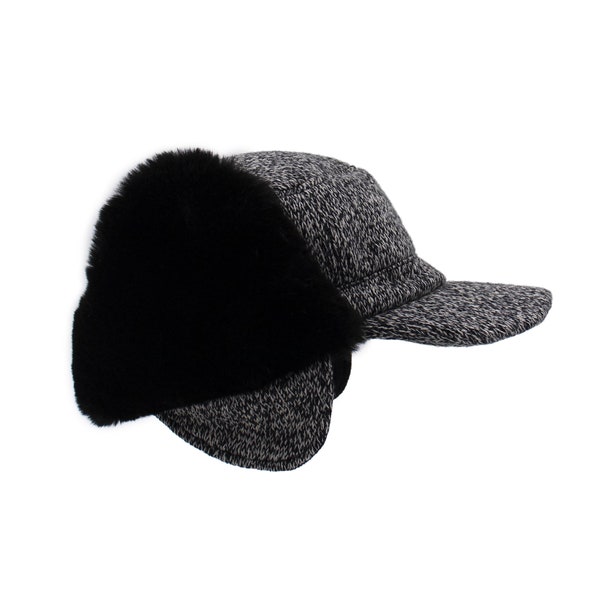 Men's Black and White Trapper Faux Fur Aviator Hat - Warm Bomber Trooper Hat - Grey Fake Fur Fudd Hat - Unisex Adult Comfortable Fashion