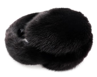 Real Mink Fur Earmuffs with Halo Band - Women&#39;s Fall and Winter Fashion - Winter Hat - Brown Soft & Trendy Ear Warmers - Chic Style - Black
