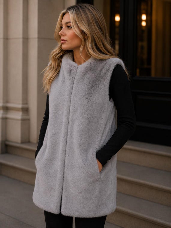 Women's Faux Rex Rabbit Fur Vest w Pockets - Soft Plush Fake Fur - Comfy Cozy Winter Jacket - Luxury Vegan Fashion - Gray