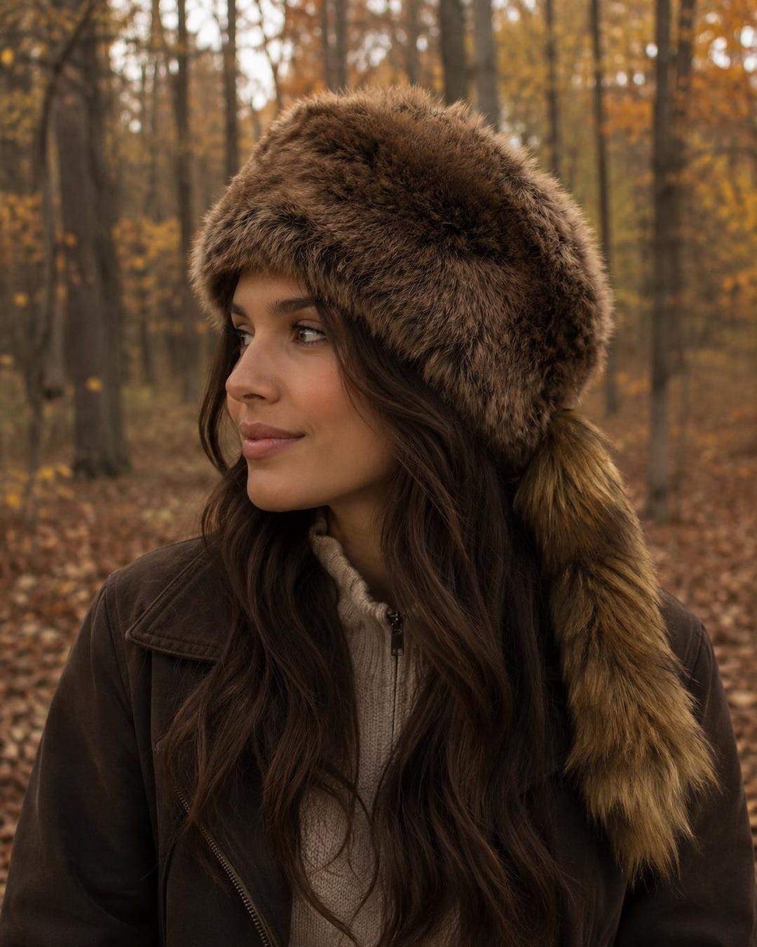 Faux Fur Davy Crockett Hat - Brown Coonskin Cap - Fake Fur Hat