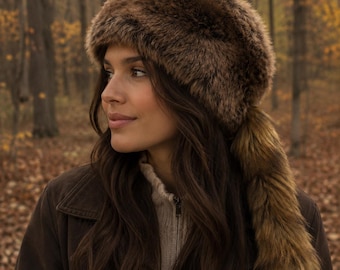 Faux Fur Davy Crockett Hat - Brown Coonskin Cap - Fake Fur Hat with Tail - Rustic Cabin Home Decor - Men's Woodsman Hats - Natural Brown