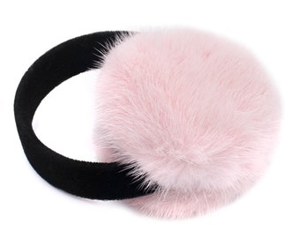 Mink Fur Earmuffs with Black Velvet Band - Fluffy Plush Earmuffs - Winter Hat for Women - Women's Earmuff - Real Fur Fashion - Pink