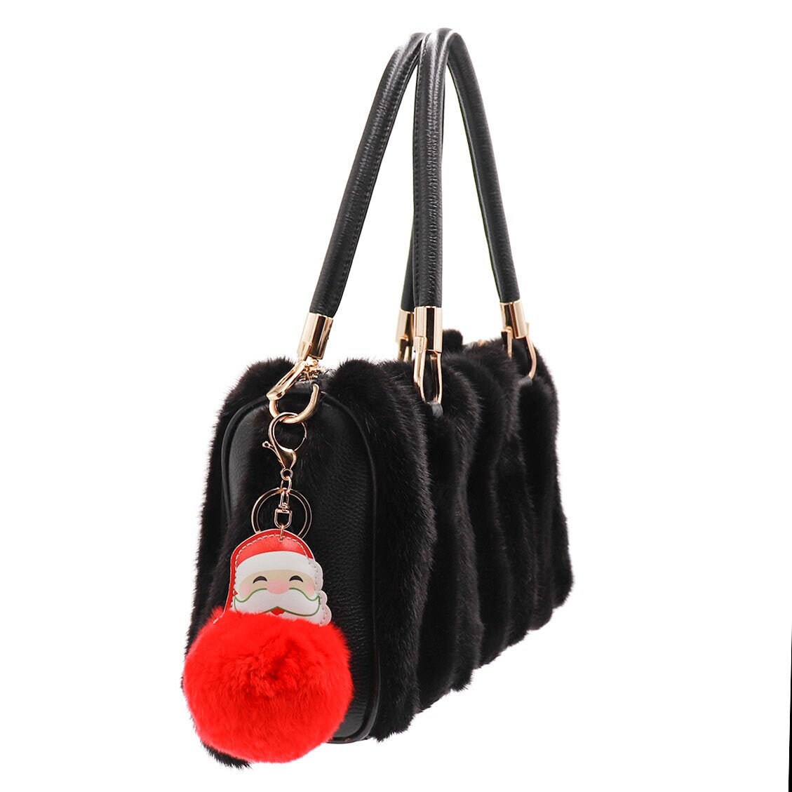 Santa Claus Keychain with Rex Rabbit Fur Pom - Luxury Fashion Bag Christmas Charm - Pompom Key Chain -Cute and Stylish Winter Holiday Charm