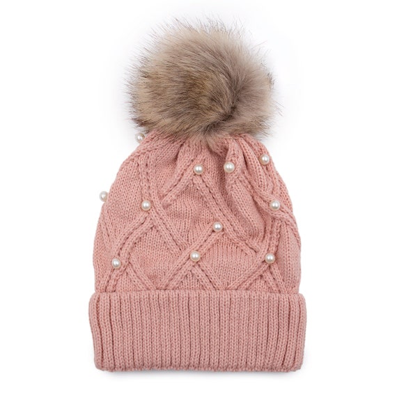 Women\'s knit beanie with pearls and faux fur pom Knit Hat with Faux Fur Pom and Pearl Detail – Surell Accessories main image 4