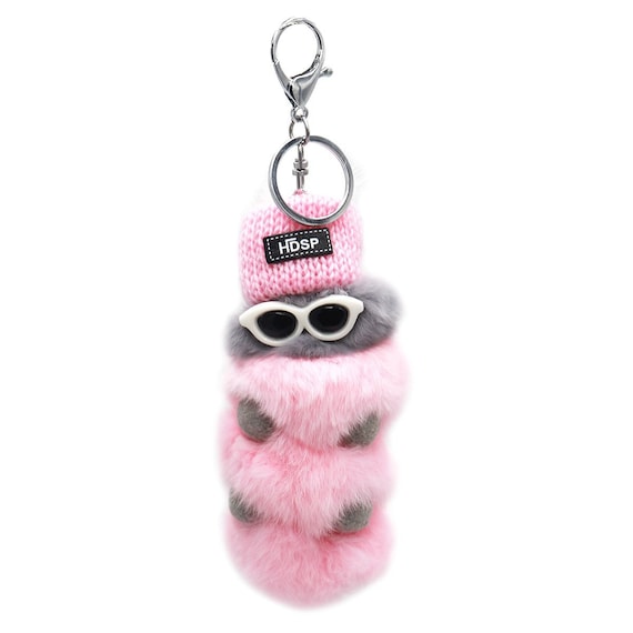 Funky Rex Rabbit Fur Cool Caterpillar Keychain in Sunglasses