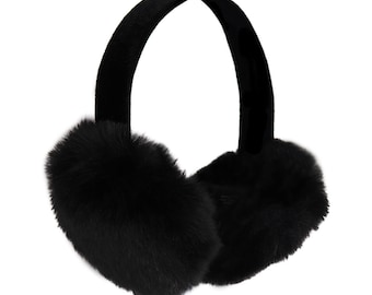 Faux Mink Fur Earmuffs with Velvet Band - Fluffy Plush Earmuffs - Fake Fur Foldable Accessory for Women - Winter Hat Headband - Black
