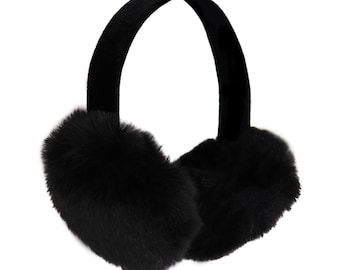 Foldable Black Faux Mink Fur Earmuffs with Velvet Band, Fluffy Plush Earmuffs, Fake Fur Accessory for Women, Winter Gift for Women