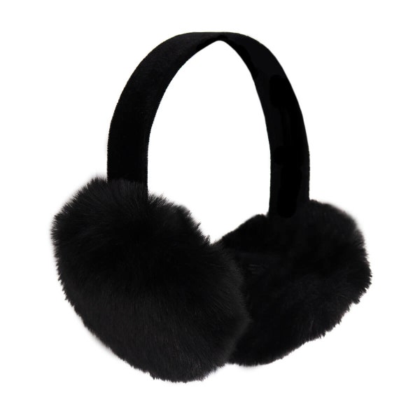 Kunstpelz Ohrenschützer mit Samtband - flauschige Plüsch Ohrenschützer - Kunstpelz faltbares Accessoire für Damen - Wintermütze Stirnband - schwarz