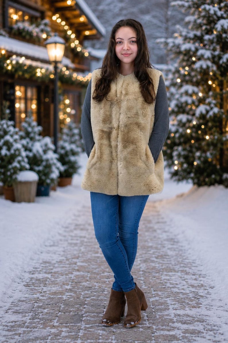 May include: A beige sleeveless faux fur vest worn over a dark gray long-sleeve shirt, paired with blue denim jeans and brown suede ankle boots. The vest features a collarless design and a soft, textured finish, providing a layered look.