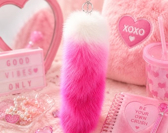 Llavero de cola de zorro auténtica con cierre de corazón - Accesorio de cola de zorro larga y peluda - Lindo disfraz de animal de fantasía para cosplay - Rosa degradado