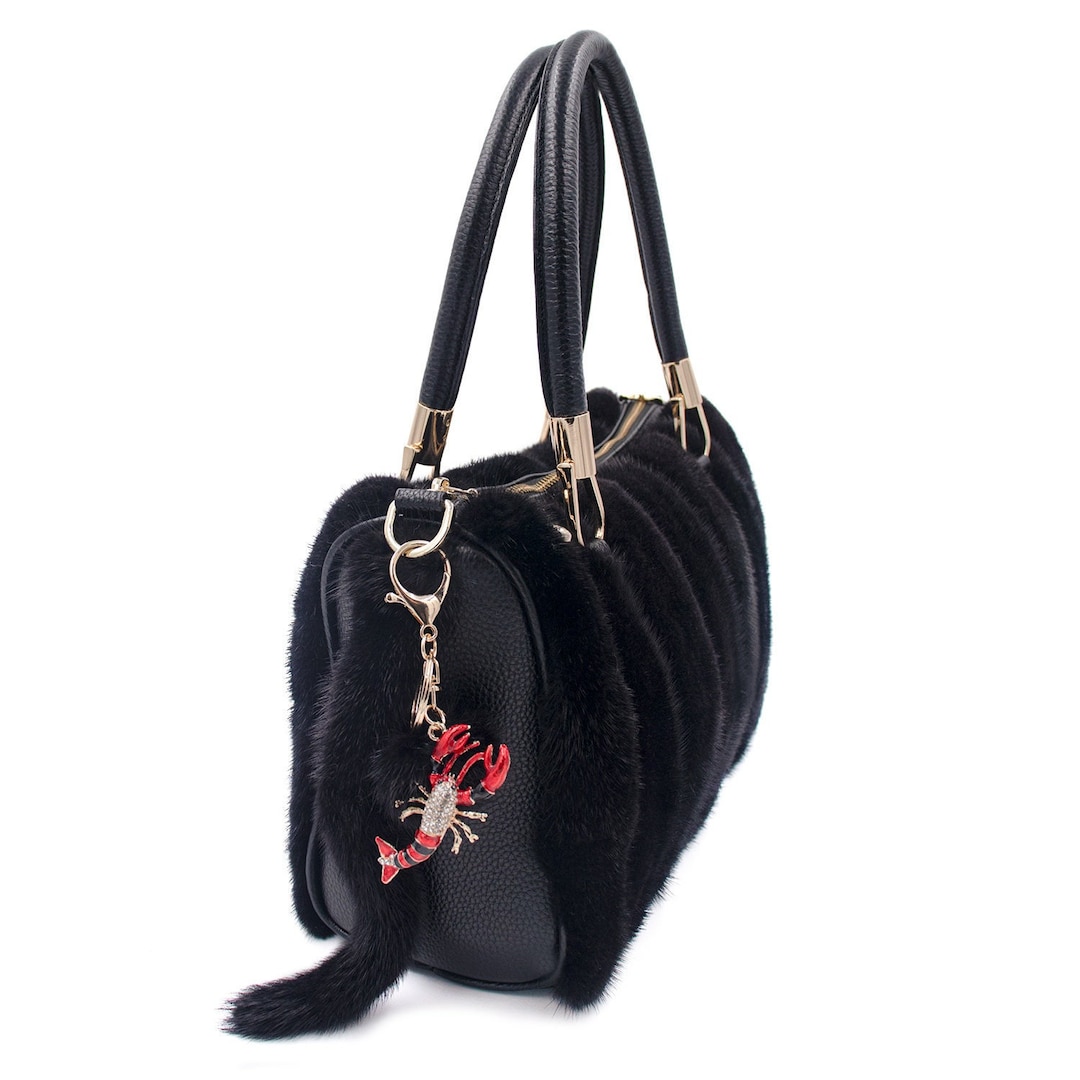 Sparkly Bling Lobster Keychain With Real Mink Fur Pom Red Black Lobster