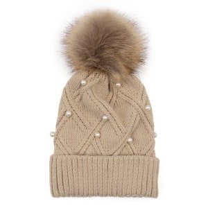 Women&#39;s Knit Hat with Faux Fur Pom and Pearl Detail - Winter Ski Cap Beanie - Winter Fashion - Warm Elegant Luxury Gift Cold Weather