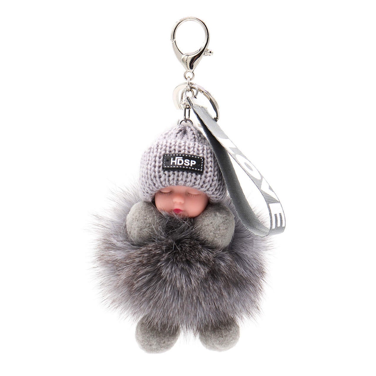 Portachiavi Zaino Pompom Soffice Con Bambola Peluche Addormentata - Regalo Simpatico