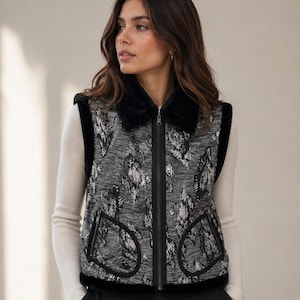 Patterned Shearling Vest - Warm Fuzzy Women's Real Fur Jacket - Cute Fall and Winter Coat - Unique Fluffy Vest for Women - Grey and Black