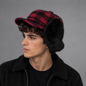 Chapéu Aviador Xadrez Vermelho Buffalo com Pele Sintética - Chapéu Bomber Quente - Presente de Inverno Perfeito para Homens - Unissex Adulto Confortável e Elegante