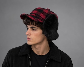 Red Buffalo Plaid Trapper Faux Fur Aviator Hat - Warm Bomber Trooper Hat - Perfect Winter Gift For Men - Unisex Adult Comfortable Fashion