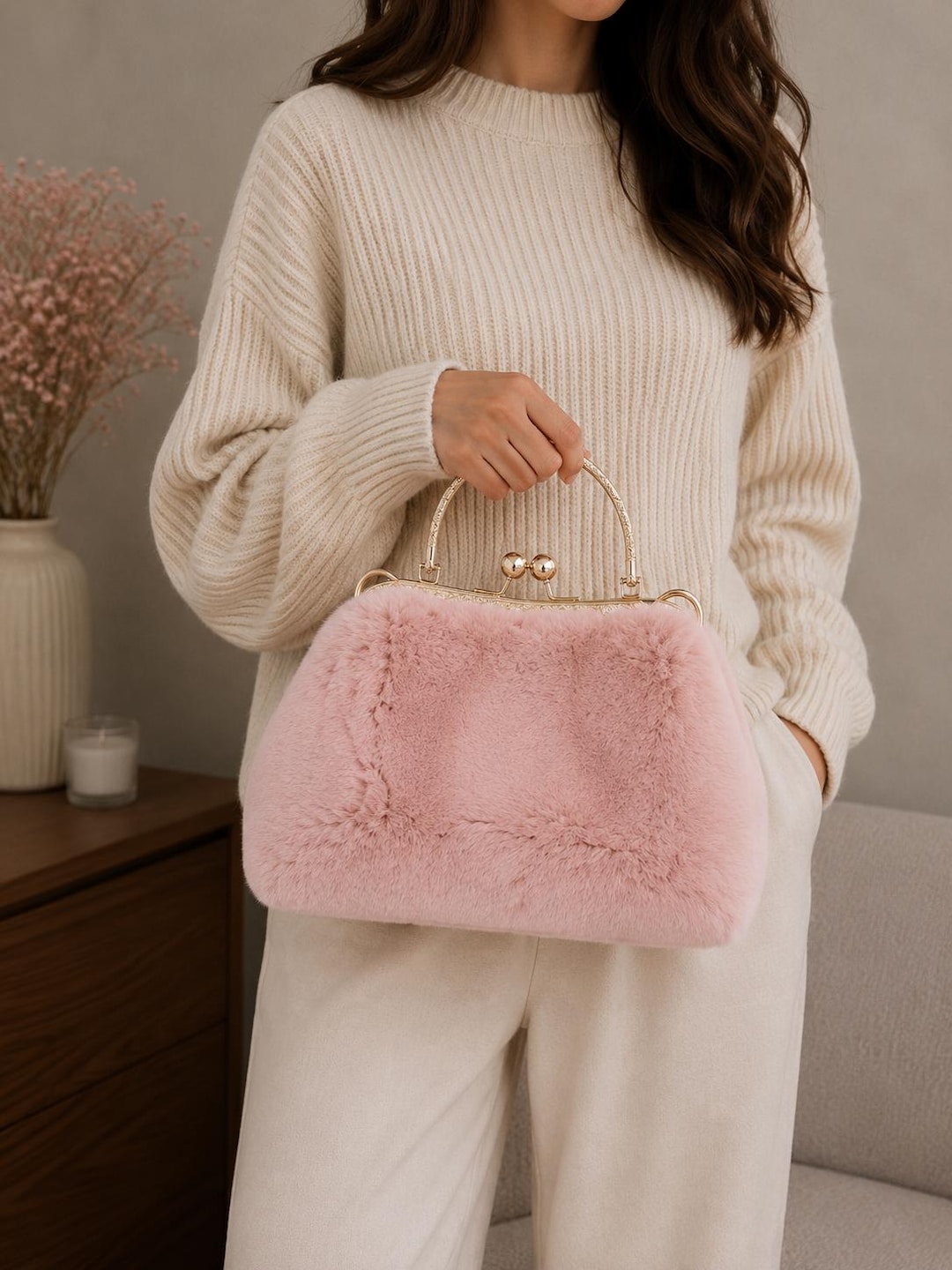 Real Rex Rabbit Fur Clutch - Fluffy Kisslock Pocketbook - Soft