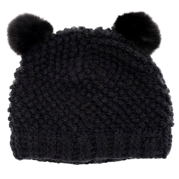 Kids Grey Winter Knit Hat - Rabbit Fur Pom Pom Bear Mouse  display picture 2