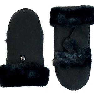 Faux Shearling Flip Top Gloves - Faux Fur Mittens for Women - Black Fashion Gloves - Soft Warm Winter Texting Gloves - Black