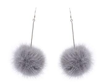 Mink Fur Pom Earrings - Silver Stainless Steel Dangle Earrings - Pompom Dangly Earrings - Cute Unique Jewelry - Gray
