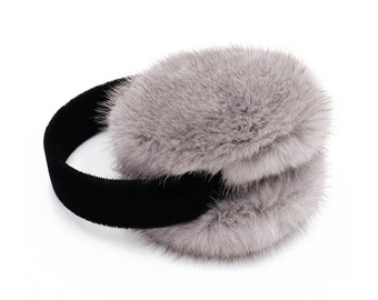 Mink Fur Earmuffs with Black Velvet Band - Fluffy Plush Earmuffs - Winter Hat for Women - Women's Earmuff - Real Fur Fashion - Gray
