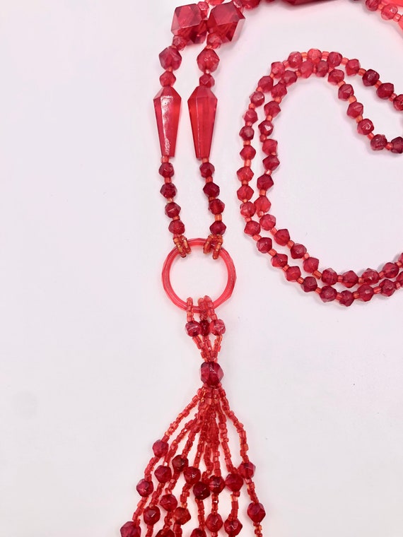 Vibrant Red Glass Beaded Long Flapper Necklace - image 3