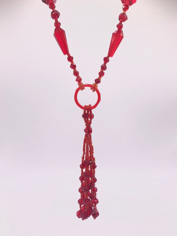 Vibrant Red Glass Beaded Long Flapper Necklace - image 2
