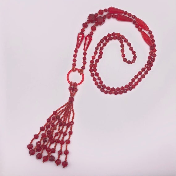 Vibrant Red Glass Beaded Long Flapper Necklace - image 1