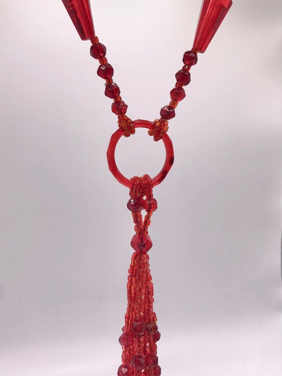 Vibrant Red Glass Beaded Long Flapper Necklace - image 4