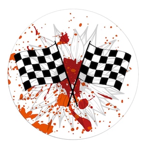 Puede incluir: Dos banderas de carreras a cuadros en blanco y negro cruzadas sobre un fondo blanco con salpicaduras rojas y naranjas.